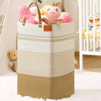 danpinera 100L Nursery Hamper, Tall Woven Laundry Basket with Long Leather Handles, Boho Laundry Hamper for Living Room & Bedroom, Eco-friendly & Convenient Decorative Storage Basket White & Jute
