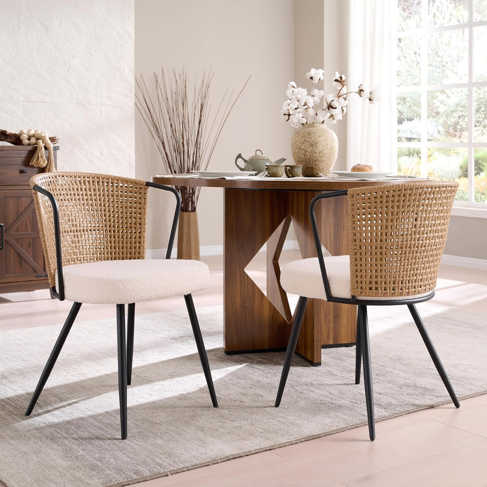 BedsPick Rattan Dining Chairs Set of 2 - Farmhouse Upholstered PE Rattan Kitc...