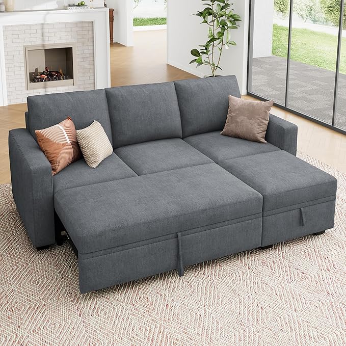 HONBAY Modular Sectional Sleeper Sofa with Pull Out Bed, L Shaped Sofa with Storage, Modular Sectional Couches for Living Room, Bluish Grey