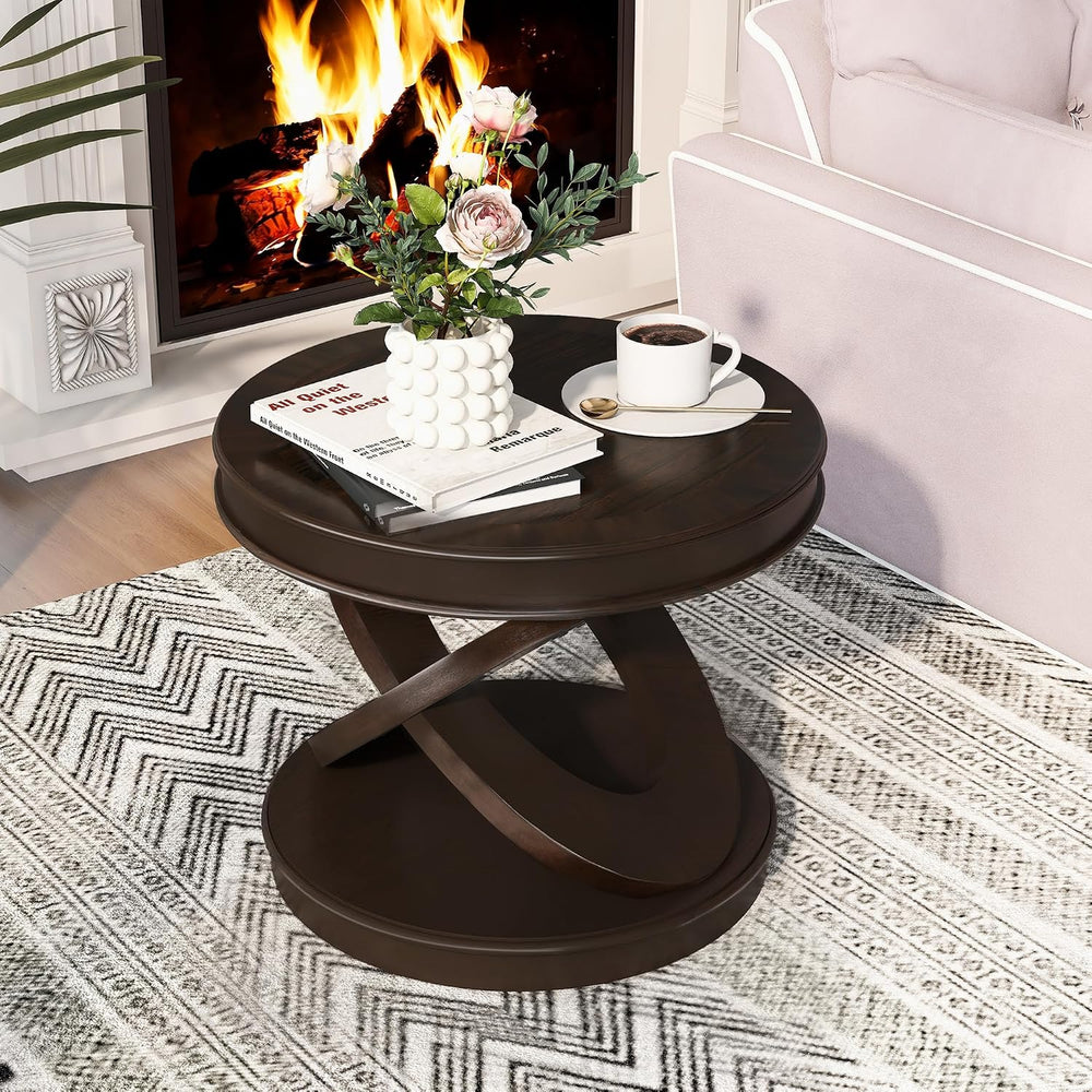 Retro Round Wooden End Table, Sofa Side Table with X-Shape Base for Living Room