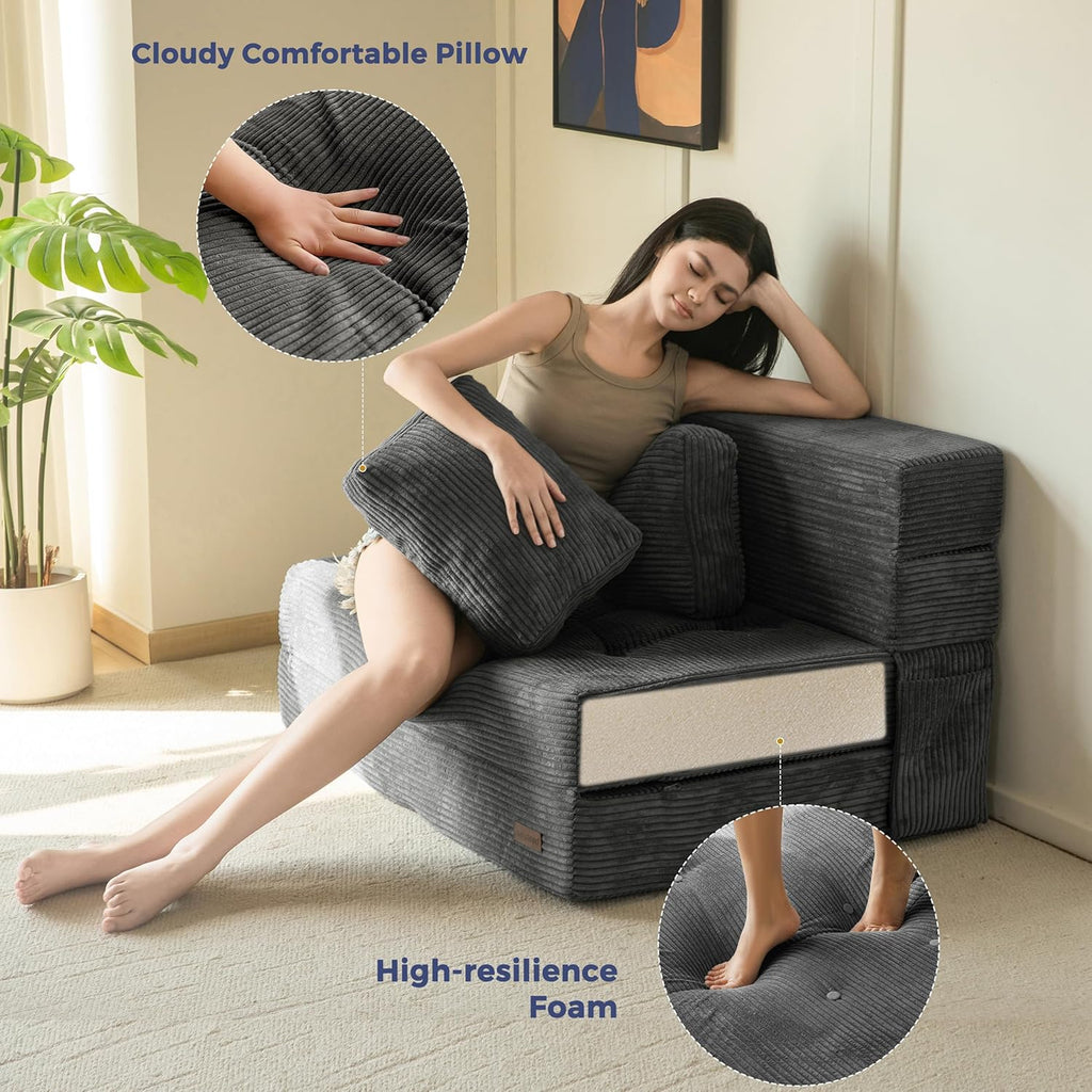 MAXYOYO Convertible Sofa Bed, Fold Out Sofa Couch with Pillow for Adults | Loveseat Sofa 4 in 1 Tufted Folding Couch Bed Foam Floor Couch, Lazy Chair for Living Room Bedroom Guest Room, Dark Grey