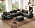 170" Modular Power Reclining Sectional 7 Seater Couch with Ottoman Chenille | Oversized Cloud, Console Table, Charging Storage, Wall Hugger, Headrest, Washable Cover, for Home Theater Living Room, Black