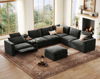 170" Modular Power Reclining Sectional 7 Seater Couch with Ottoman Chenille | Oversized Cloud, Console Table, Charging Storage, Wall Hugger, Headrest, Washable Cover, for Home Theater Living Room, Black