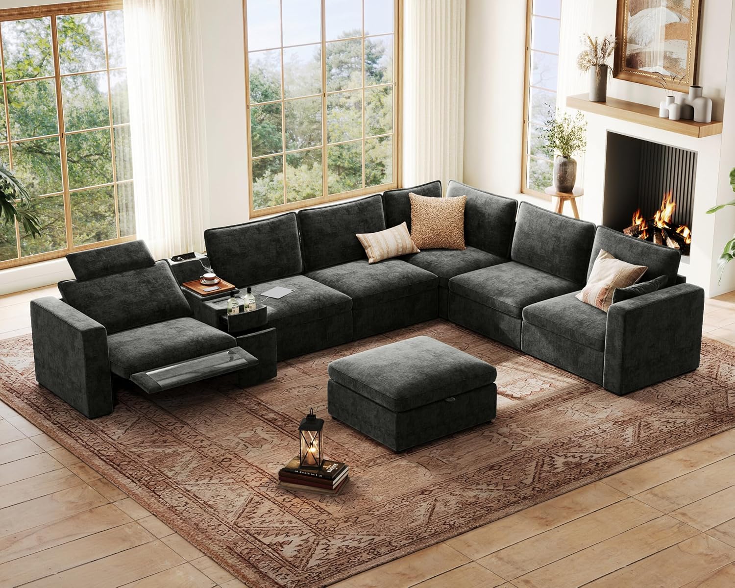 170" Modular Power Reclining Sectional 7 Seater Couch with Ottoman Chenille | Oversized Cloud, Console Table, Charging Storage, Wall Hugger, Headrest, Washable Cover, for Home Theater Living Room, Black