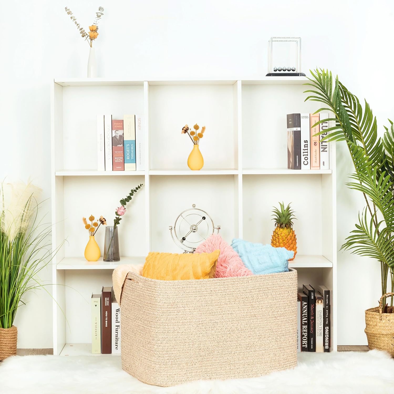 MINTWOOD Design 112L Extra Large Blanket Basket Holder Living Room, 25"x17"x16" Rectangle Rope Woven Storage Basket with Handles for Laundry, Towels, Shoes, Dog Toy Organizer Bin Box, Oatmeal Brown