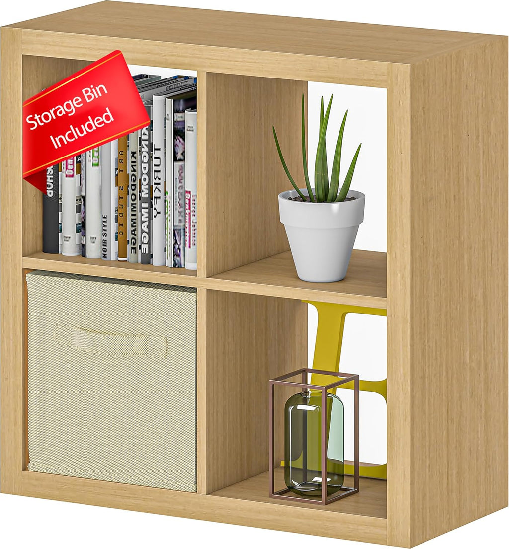 furtble Bookshelf with Storage Bin, 4-Cube Storage Organizer, Modern Wood Open Bookcase, Multifunctional Display Shelf for Living Room, Bedroom, Home Office, Oak