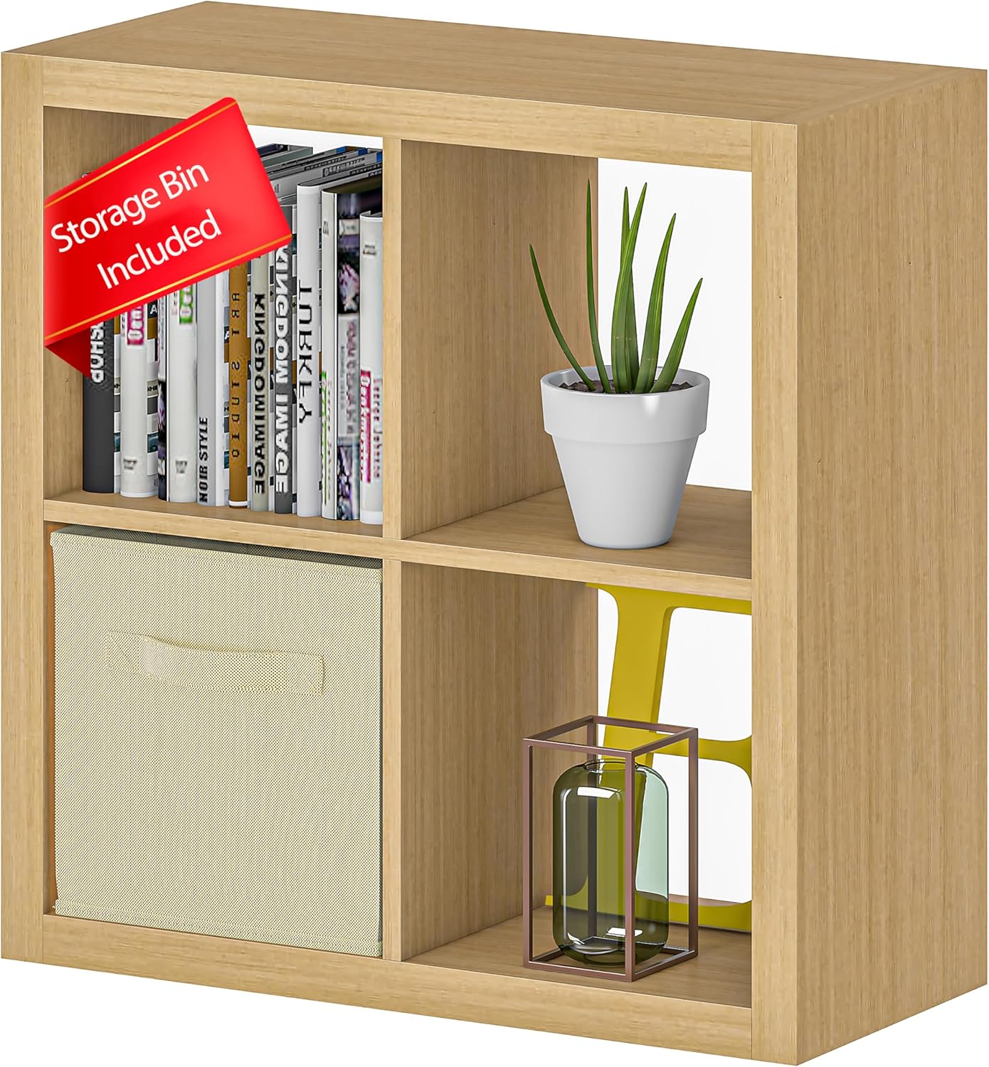 furtble Bookshelf with Storage Bin, 4-Cube Storage Organizer, Modern Wood Open Bookcase, Multifunctional Display Shelf for Living Room, Bedroom, Home Office, Oak