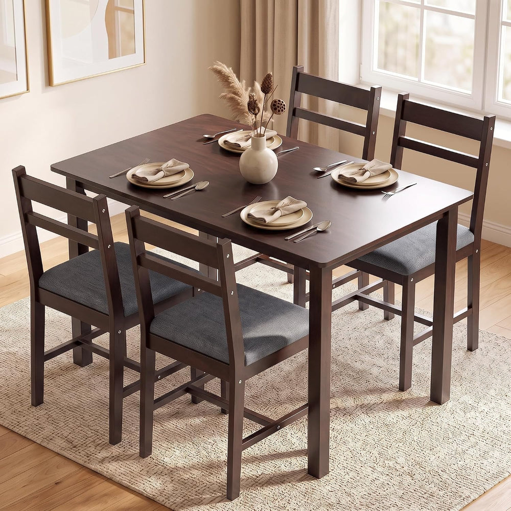 HOMCOM 5-Piece Solid Wood Dining Table Set for 4, Walnut and Gray