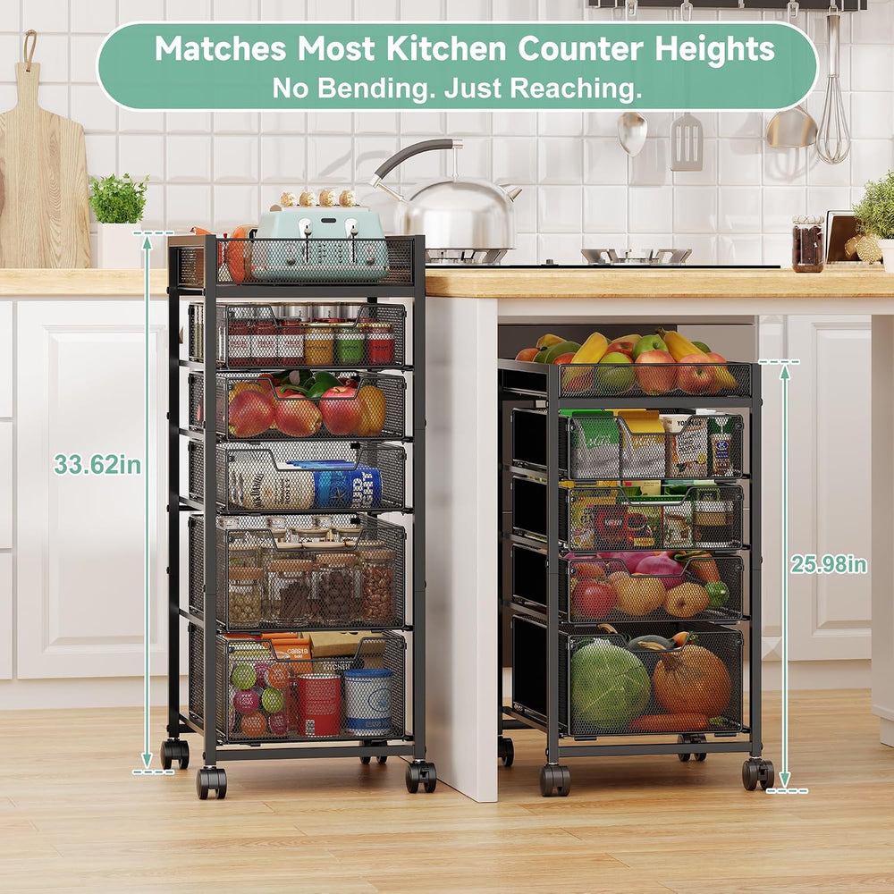 6-Tier Rolling Cart with 5 Drawers & Top Basket, Snack Cart with Wheels |...