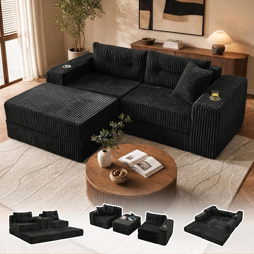 80.31“ Modular Sectional Cloud Couch, Loveseat with Ottoman, Black | Corduroy...