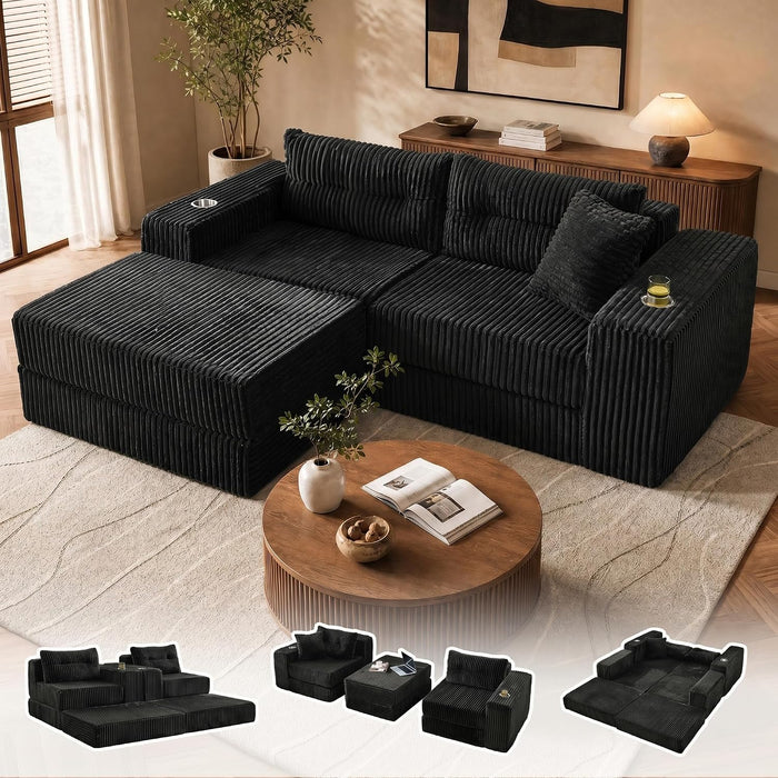 80.31“ Modular Sectional Cloud Couch, Loveseat with Ottoman, Black | Corduroy, Foam, Deep Seats, Cup Holder, Modern, Comfy, Sleeper Sofa, L-Shape Chaise, No Assembly