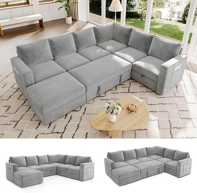 106.7" Sectional Sleeper Sofa with Pull Out Couch, Modern 7 Seat U Shaped Modular Couch, Sectionals Modular Sofa with Storage, Comfy Sectional Couches for Living Room & Apartment, Light Gray
