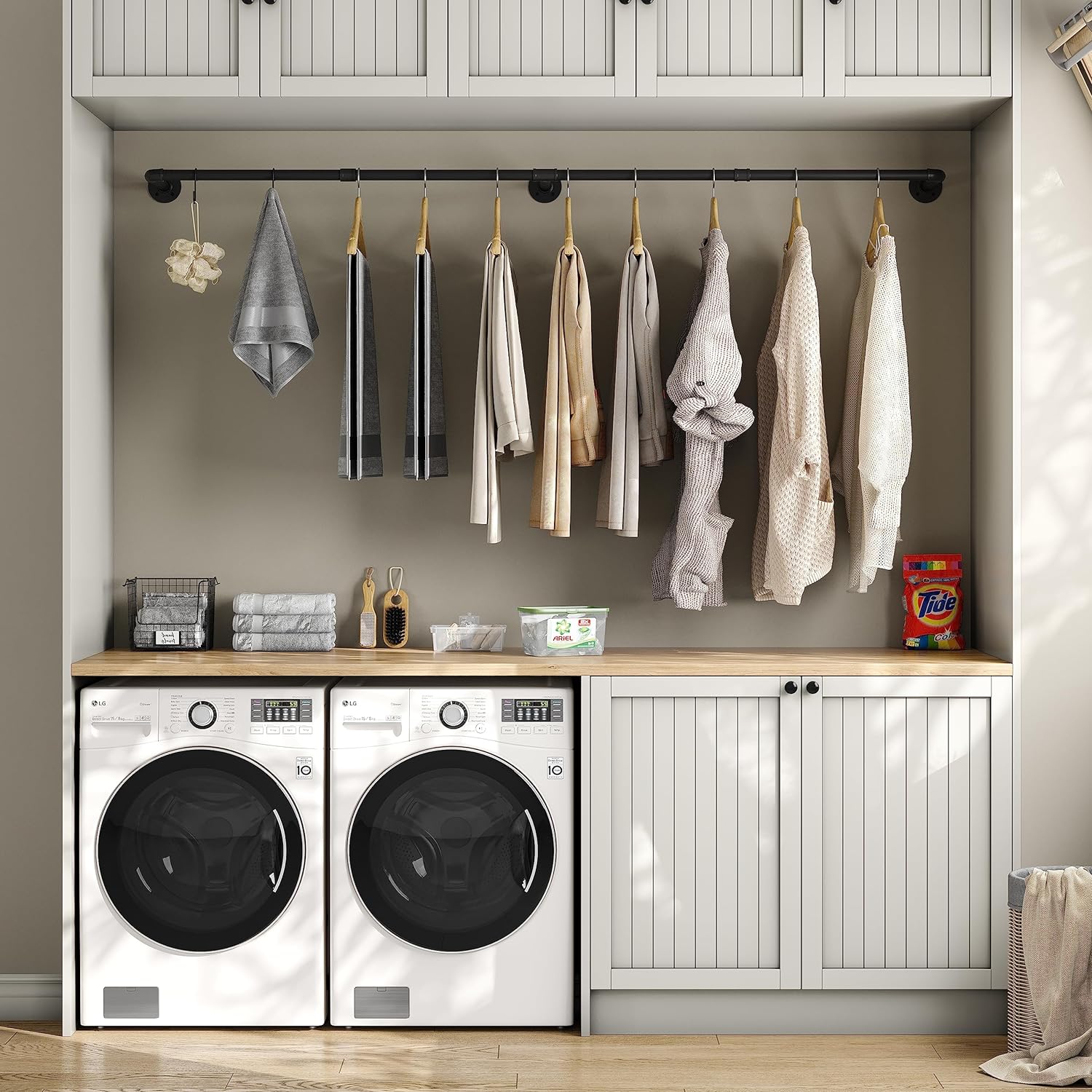 Industrial Pipe Clothes Rack with 3 Hooks, 72’'L Wall Mounted Garment Rack, Heavy Duty Iron Garment Bar, Clothes Hanging Rod Bar for Laundry Room, Max Load 135Lb Black (3 Base)