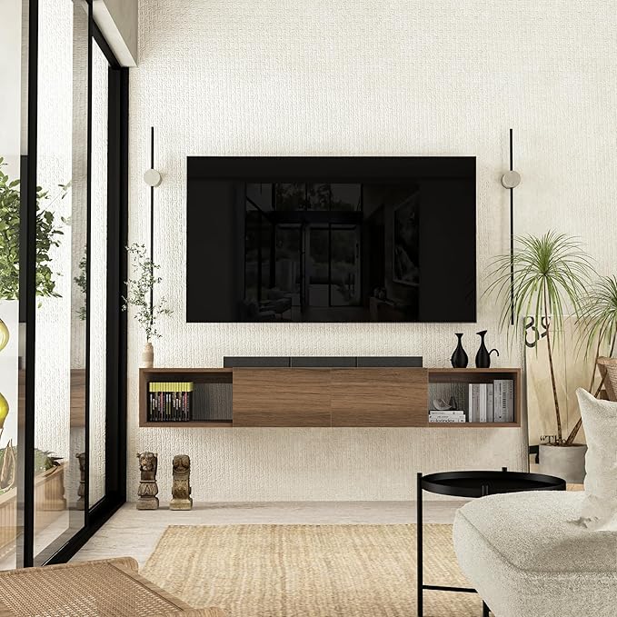 Atelier Mobili Floating TV Stand - Wall Mounted TV Stand for 75 Inch TV - Floating TV Shelf - Modern TV Stands for Living Room - Sleek Entertainment Center Design (Walnut, 2 Doors 2 Shelves)