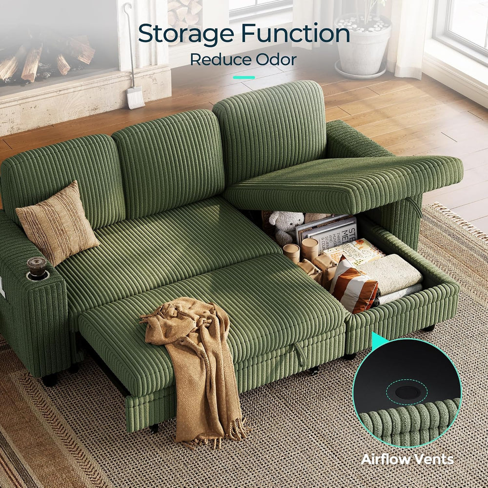 LINSY HOME Sectional Couch with Pull Out Bed, 81" 3 Seat Sleeper Sofa Green