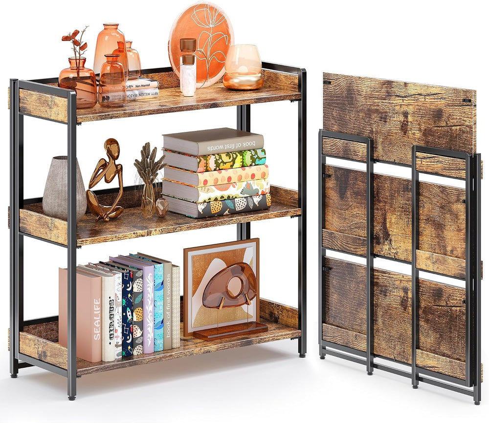 Wide 3 Tier No Assembly Folding Bookshelf Foldable Open Shelf, Rustic Brown