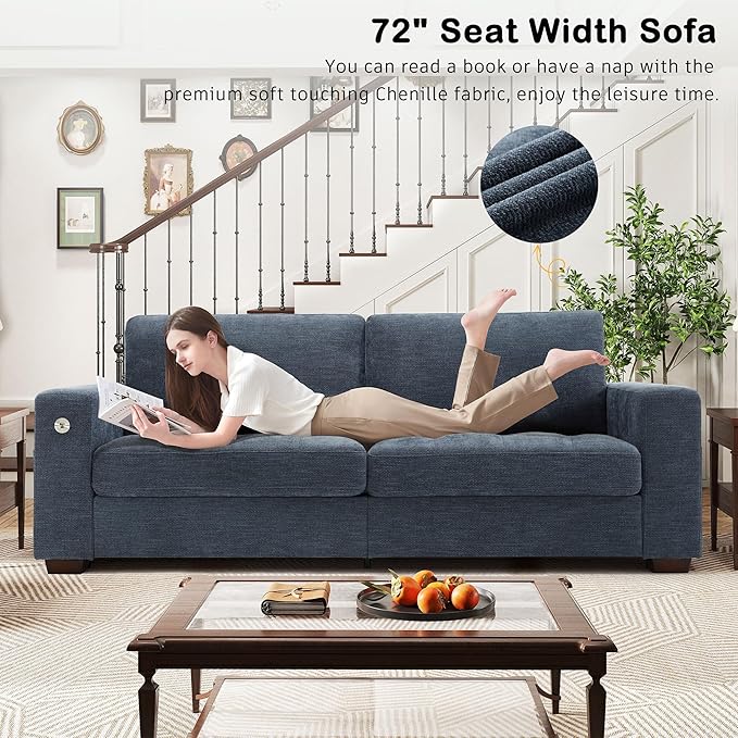 Hanherry 89" Sofa for Living Room, Modern Comfy Couch with Medium Firm Seat Cushion, Removable Cover,Wide Armrest,USB/Type-C Port,Chenille Fabric Couches for Small Space,Apartment