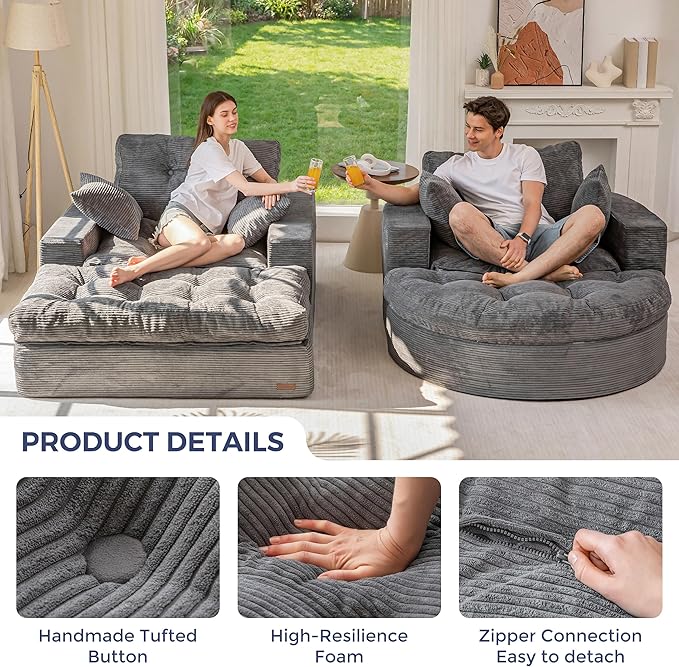 MAXYOYO Modular Sectional Chaise Lounge Sofa, 2 Sets Upholstered Lounge Chair with Ottoman, Comfy Round+ Square Couch with Layered Cushion, Tufted Sleeper Chair for Living Room, No Assembly, Dark Grey