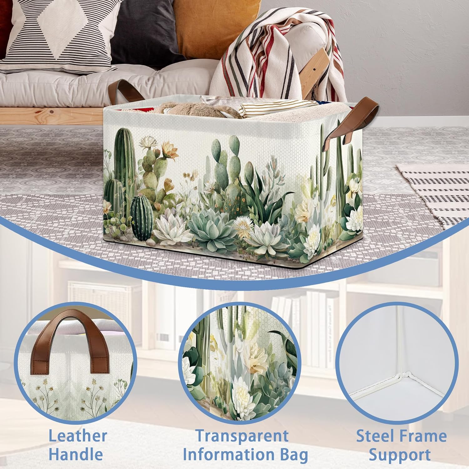 Cactus Succulent Collapsible Storage Box,Tropical Plants Organizer Bin with Handles for Room Decoration,Bins Book Basket Box 17x11.5x10Inch