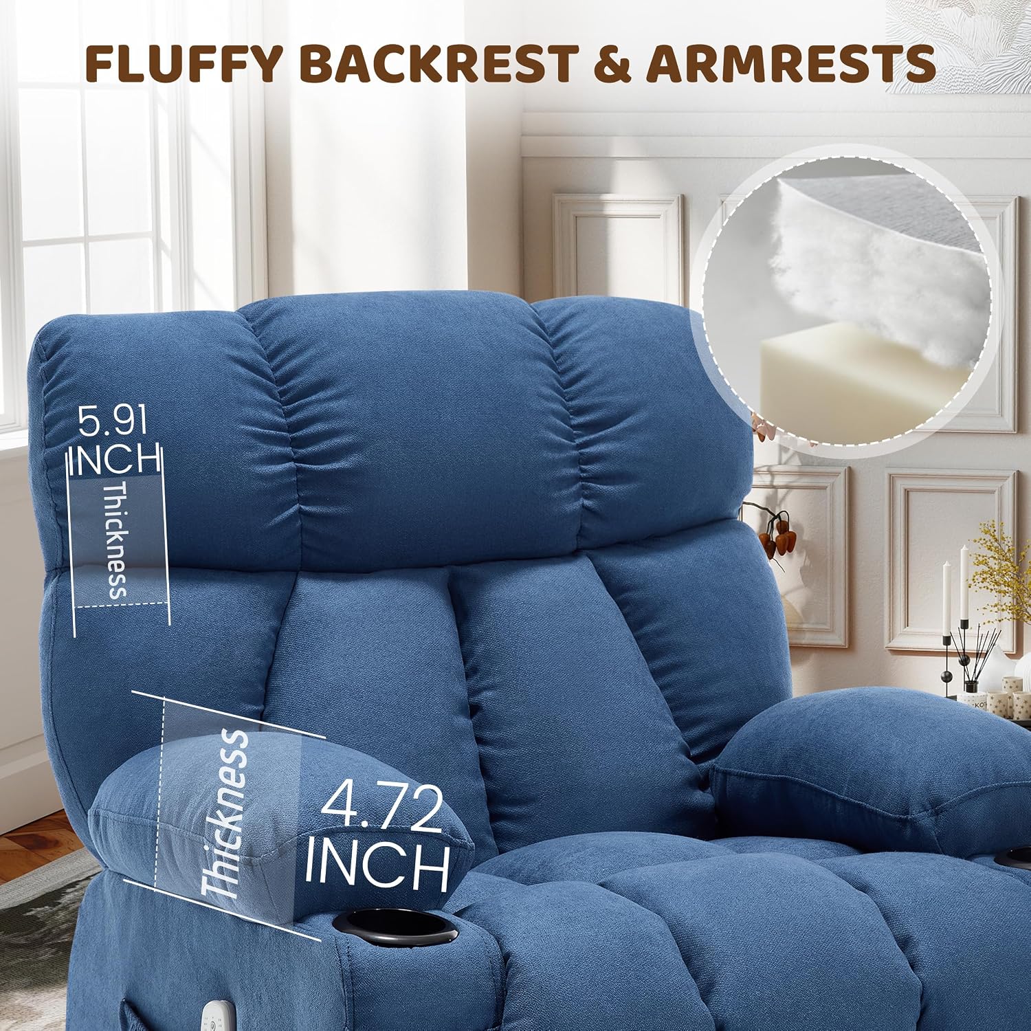 Oversized 360° Swivel Massage Rocker Recliner Chair, Massage & Heat, Blue | Vibration Massage, USB Charge Port, 4 Pockets 2 Cup Holders, Comfy Rocking Recliners for Living Room & Bedroom, Reading Chair