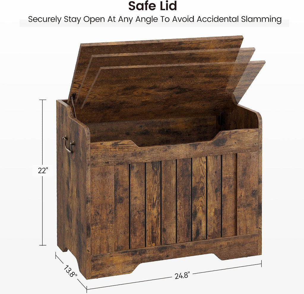 IDEALHOSUE 24.8” Storage Chest, Wooden Storage Bench with Safety Hinge, Retro Blanket Storage Trunk for Entryway, Living Room, Supports 350 lb, Rustic Brown