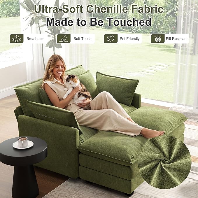 58" Cloud Couch Loveseat, Deep Seat Modular Sectional Sofa with 4 Removable Washable Pillows and 2 Ottoman for Living Room, Bedroom, Apartment, Green