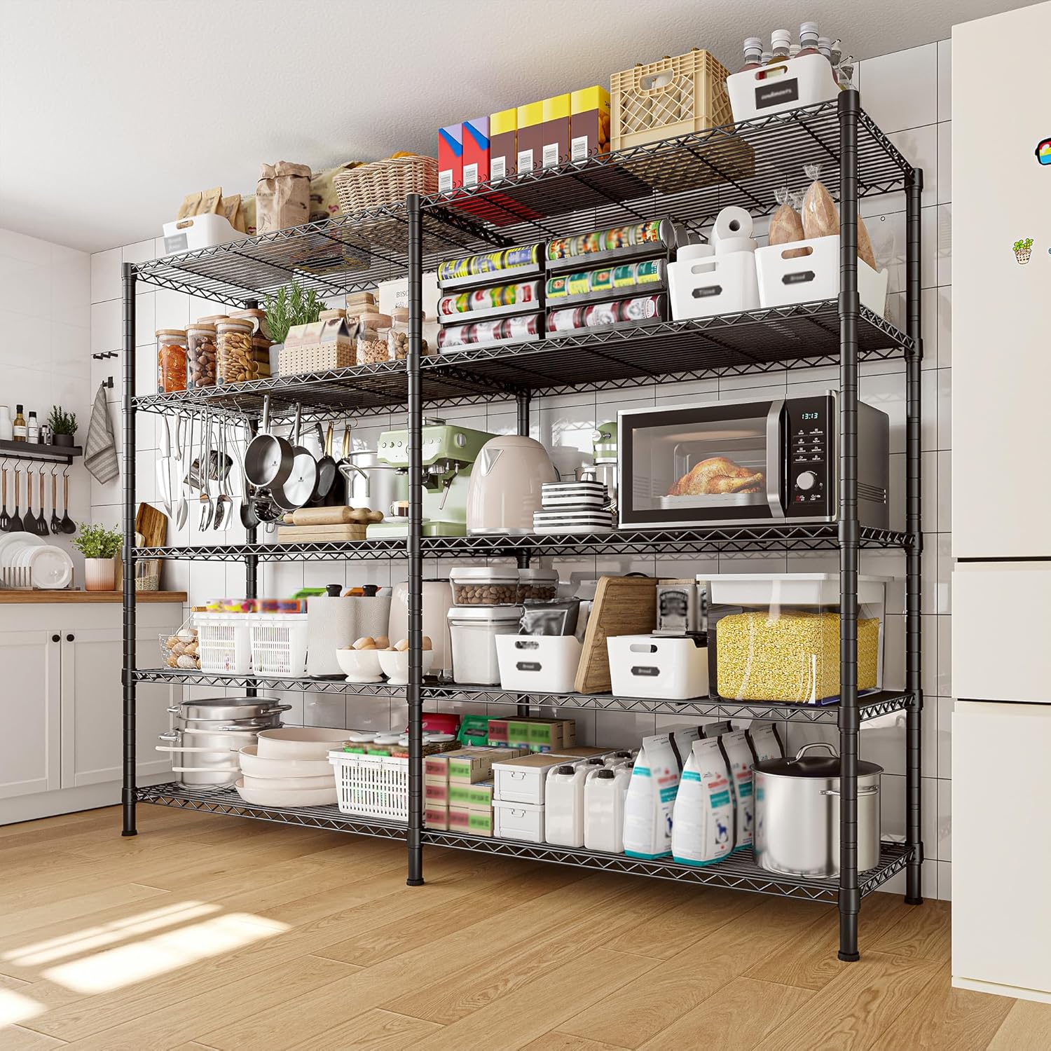 REIBII1450LBS Metal Shelving Unit Storage Shelves 5 Tier Wire Shelving 58.1''W Pantry Shelves Wire Shelf Adjustable Garage Shelving Heavy Duty Storage Rack for Pantry Kitchen Garage, Black，2 Pack