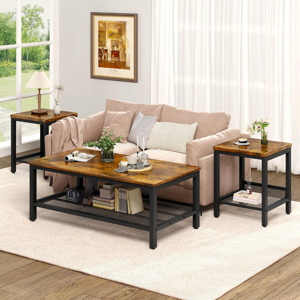 3-Piece Coffee Table and End Table Sets for Living Room, Industrial Coffee Ta...