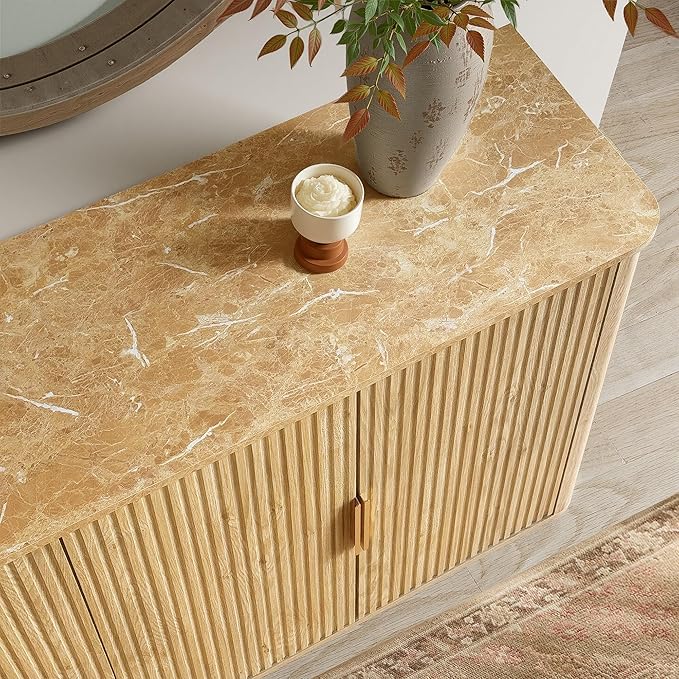 win2win 63" Fluted Sideboard Buffet Cabinet with Faux Marble Top, Modern Credenza with Storage, Wood Boho Media TV Console Accent Cabinet for Living Room Kitchen Hallway, Oak