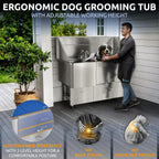 KANIS Professional Dog Washing Station - 304 Stainless Steel Pet Wash Sink & Grooming Bathtub w/Shower, Floor Grates and Storage for Large, Medium & Small Pets (61", 2 Drawers - Left Ramp)