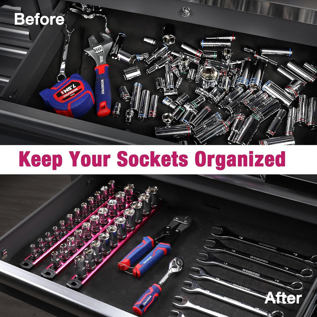 WORKPRO Magnetic Socket Organizer, 1/4-Inch Drive Aluminum Alloy Socket Rail, Heavy Duty Socket Holder, Socket Rack Kit 1/4-Inch x 12 Clips Rose Red (Socket not Included)