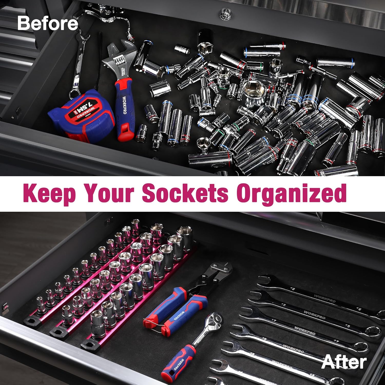 WORKPRO Magnetic Socket Organizer, 3/8-Inch Drive Aluminum Alloy Socket Rail, Heavy Duty Socket Holder, Socket Rack Kit 3/8-Inch x 10 Clips Rose Red (Socket not Included)