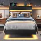 Feonase Twin Floating Bed Frame with Led Lights and Charging Station, Wood Twin Size Bed Frame with Storage Headboard, Heavy Duty Metal Slats, No Box Spring Needed, Easy Assembly, Black