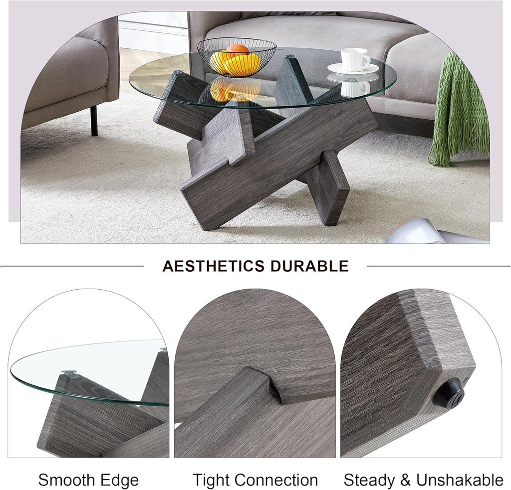 Round Glass Top Coffee Tables, 33.4 Inch Gray Coffee Table with Crossed Legs, Modern Mid Century Round Coffee Tables for Living Room, Circle Glass Coffee Tables for Living Room