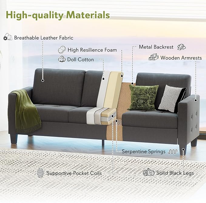STHOUYN 73" W 3 Seater Sofa Couch with USB Ports, Grey Comfy Couches for Small Spaces, Mid Century Modern Couch Loveseat for Living Room, Apartment, Bedroom (Dark Grey)
