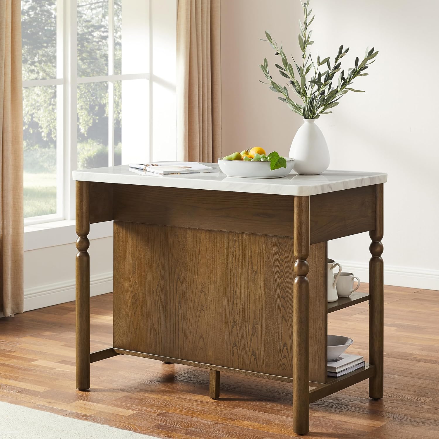 Crosley Furniture Roselyn Traditional Kitchen Island Breakfast Bar Table, Counter-Height Dining, Brown/White Marble