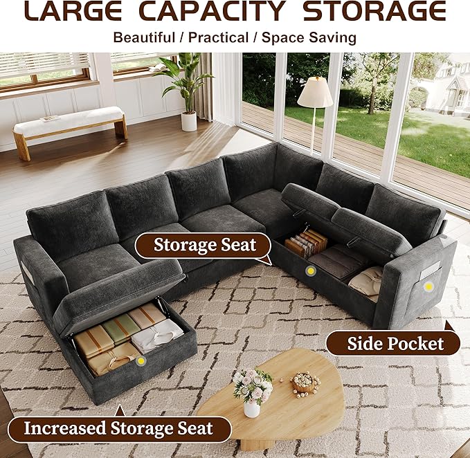 106.7" Sectional Sleeper Sofa with Pull Out Couch, Modern 7 Seat U Shaped Modular Couch, Sectionals Modular Sofa with Storage, Comfy Sectional Couches for Living Room & Apartment, Dark Gray