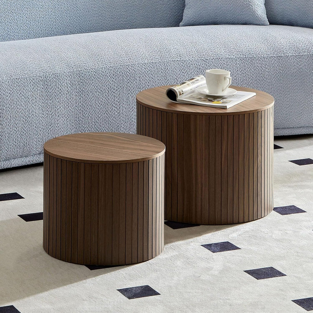 Nesting Coffee Table Set of 2 Modern Round Coffee Tables End Table with Storage Natural Wood Veneer for Living Room Apartment Small Space (Walnut, 19 Inch)