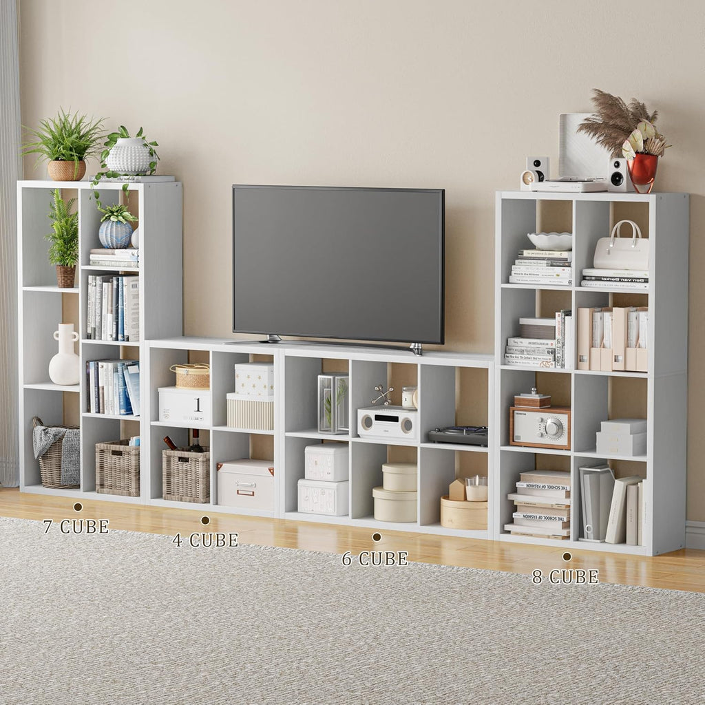 Cube Storage Organizer Bookcase, Decorative 11 inch Open Back Cubical Shelf with Thickened Border, Display Bookshelf for Living Room, Home Office, Sturdy Room (White, 8 Cube)