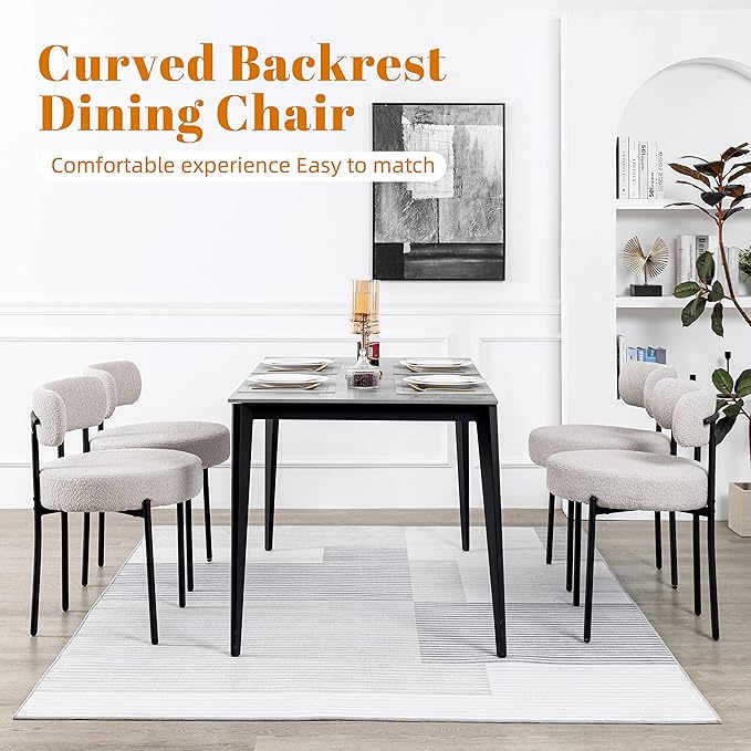 DYHOME Light Grey Boucle Dining Chairs Set of 6, Mid Century Modern Upholster...