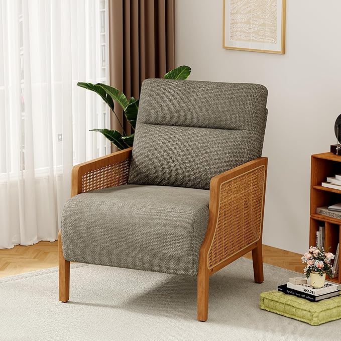 WENTMENT Modern Accent Chair, Armchair with Natural Rattan Armrest, Upholstered Living Room Chair Comfy Single Sofa Chair for Hosting Room/Bedroom, Grey