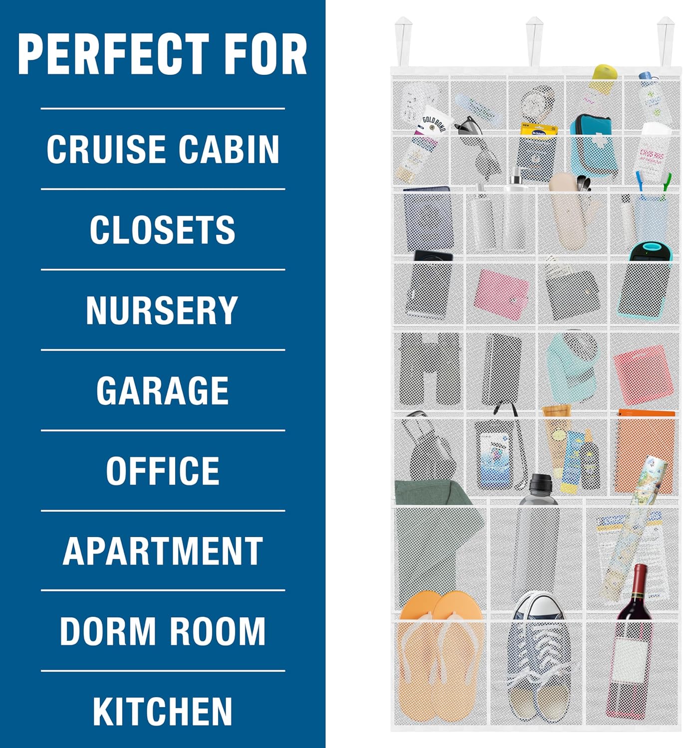 Large Mesh Over-the-Door Organizer, 34-Pocket Hanging Storage for Cruise & Home (24"x60"),Travel Essential for 2026-2027, Shoe & Bathroom Organizer for Closet, Cabin, or Behind-Door Storage