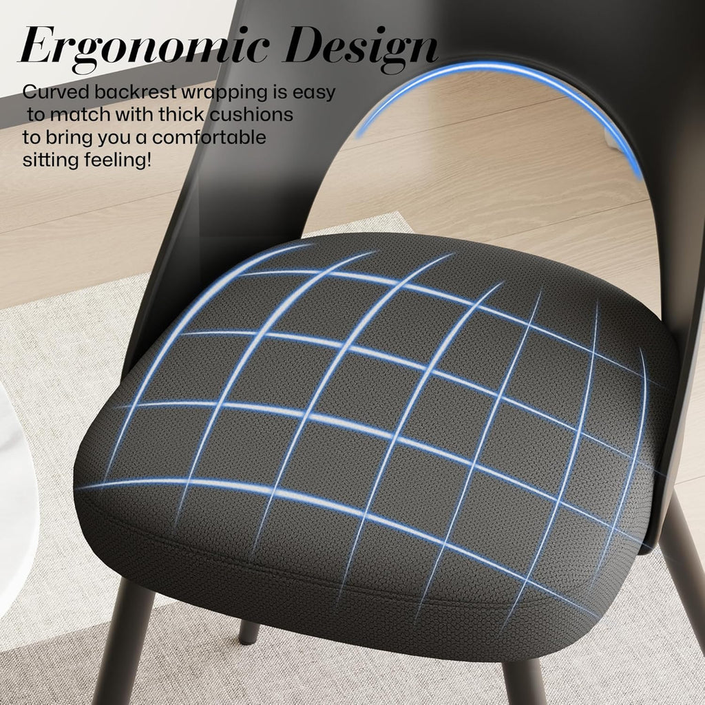 HENGJIANYI Modern Dining Chairs Set of 2, Armless Kitchen Chairs with Hollowed-Out Plastic Back, Upholstered Dining Room Chair with Metal Legs, Black