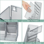 File Organizer Wall Mounted 4 Tiers Durable Adjustable Metal Vertical Hanging With 4 Pen Slots Stable R-shaped Bottom 4 Pull-out Devider to Sort File, Mail, Newspaper,Pen, Suitable for Office, Silver