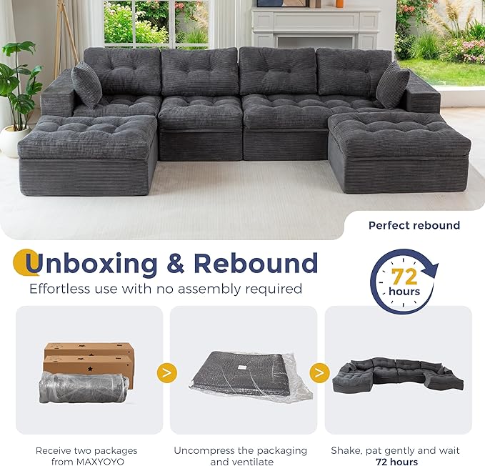 MAXYOYO 132" U Shaped Modular Sectional Sofa with 2 Ottomans, Cloud Boneless Couch with Layered Cushion, Flexible Module Combination Sofa for Living Room, No Assembly Required, Dark Grey