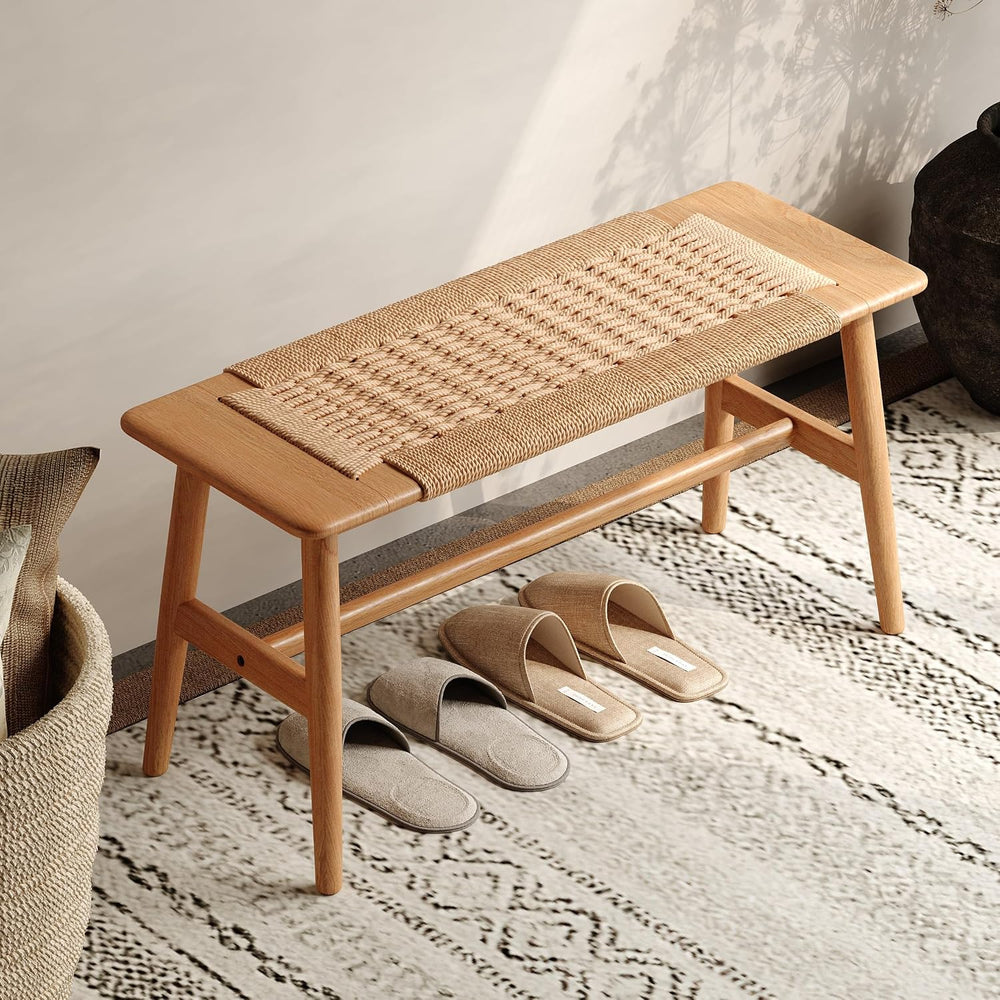 100% Solid Oak Wood Bench,Hand Woven Design,Solid Mortise and Tenon Construct...
