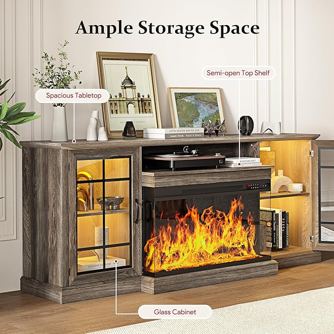 MXV 80'' Fireplace TV Stand, Farmhouse Entertainment Center with 3 Sided Glass TV Stand, Modern Media Console Table with Storage Drawers & Cabinets with LED Flame and Lights for Living Room, Gray