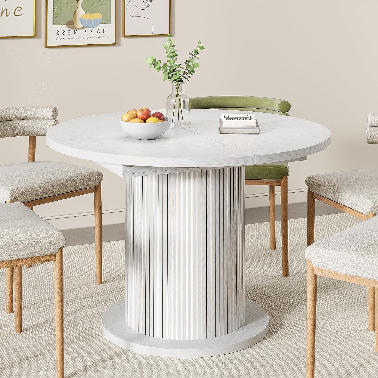 43.3 inch 59 inch Adjustable Size Round Dining Table for 4 6, Unique Design Modern Farmhouse Kitchen Table, Circle Dining Tables with Wood Strip Base for Kitchen Living Room (White)