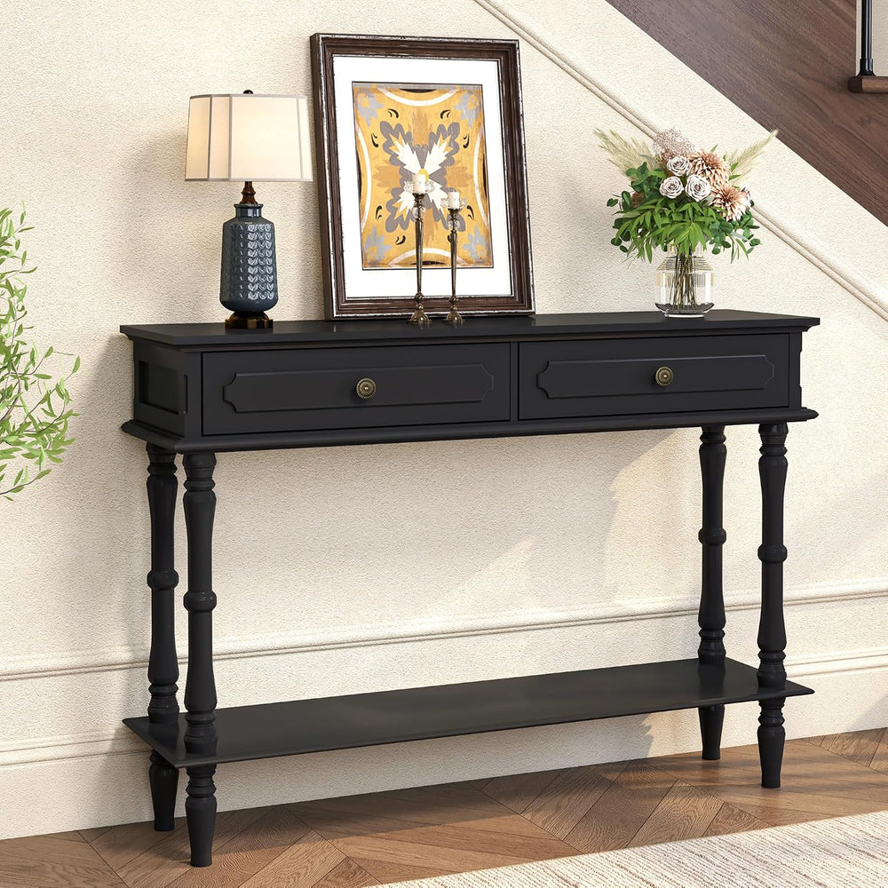 Console Table with 2 Drawers&Open Shelf, Black Retro Entryway Table | Dec...