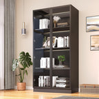 Wooden Display Storage Cabinet with Glass Door, LED Lights,Showcase for Collections, Perfume, Vinyl Albums, Bookcase for Home Office, Living Room, Clinic, Pantry (Black- 4 Layers)